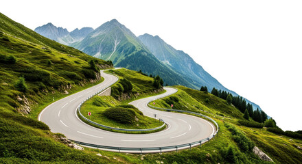 A winding mountain road curves through lush green hills toward distant peaks. Great for travel and adventure themes.
