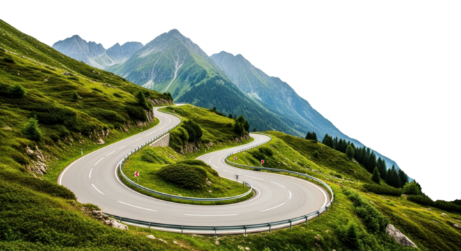 A winding mountain road curves through lush green hills toward distant peaks. Great for travel and adventure themes.