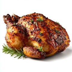 Delicious Roasted Chicken with Crispy Skin and Rosemary Garnish on a White Background, Perfect for Thanksgiving or Christmas Dinner, Holiday Feast, Gourmet Meal, Food Photography, Culinary Delights