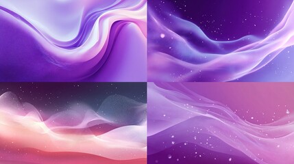 Four abstract, flowing wave compositions in shades of purple, pink, and white with a dreamy, ethereal quality