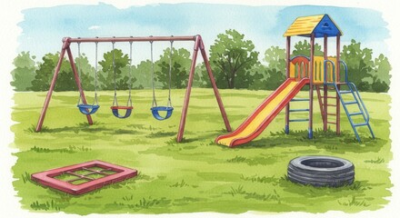 Obraz premium recess equipment on schoolyard. Playground equipment with swing set and slide in open field 