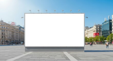 Obraz premium Blank billboard in a city square, surrounded by buildings and pedestrians, ready for advertisement.