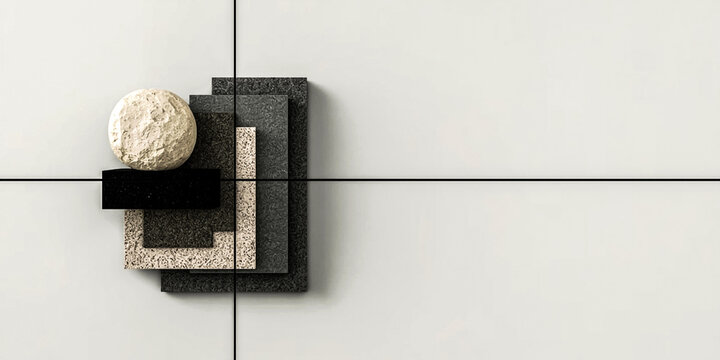 Minimalist abstract composition featuring textured geometric shapes and a spherical element against a neutral background with intersecting lines