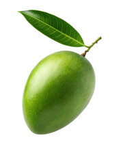 Obraz premium A vibrant green mango fruit with a single leaf presented against a stark black backdrop highlighting its fresh natural appeal.