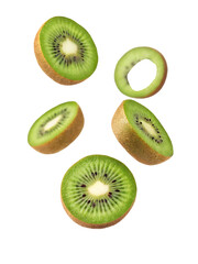 Fototapeta premium Fresh kiwi fruit slices float on a black background, showing vibrant green colors and healthy eating concept.