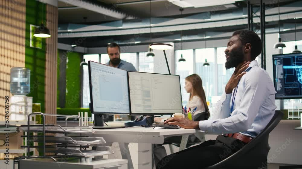 Poster System administrator in tech startup office using PC, troubleshooting hardware and software issues. IT professional at work monitoring and optimizing performance using computer, camera A