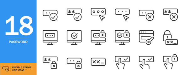 Password icon set. Minimal vector security icons. Web safety symbols pack. Includes lock, verification, access, login, protection, authentication and more. Editable stroke.