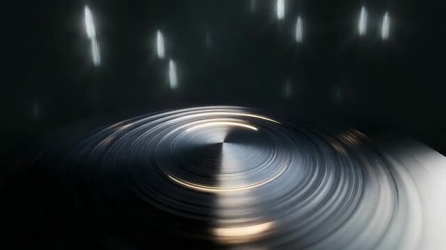 Spinning Metallic Disc Macro with Concentric Ridges and Flickering Techno Beat Lights
