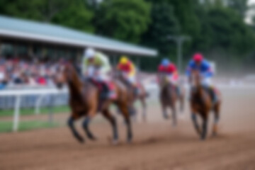 Obraz premium blurry racetrack, showing horses racing on a track with riders on them, blurry wallpaper.