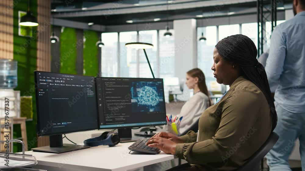Fototapete jolly female programmer at office desk pleased after developing application using machine learning a