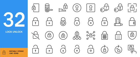 Lock unlock icon set. Minimal outline security vector icons. Includes lock patterns, keys, digital streams for cybersecurity, protection, privacy, safety and more. Editable stroke.