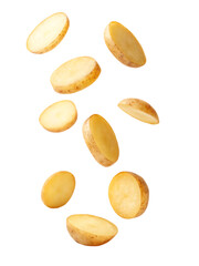 Fototapeta premium Fresh potato slices gracefully falling against a solid black backdrop, suitable for culinary or agricultural themes.