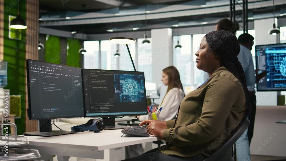 Fototapete Female technician writing code on PC, developing neural networks APIs. System administrator using computer to troubleshoot software errors with artificial intelligence technology, camera A