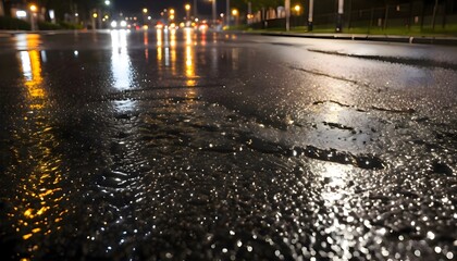 Fototapeta premium Rainwater puddle on a city street reflecting lights and creating ripples on the asphalt, highlighting atmospheric mood and urban wet textures