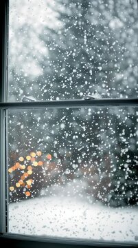 Cozy view of heavy snowfall and festive lights from a home window