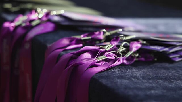 Process of checking in on conference congress forum event, registration desk table, visitors and attendees receiving purple violet lanyard with name badge and entry, and register electronic ticket