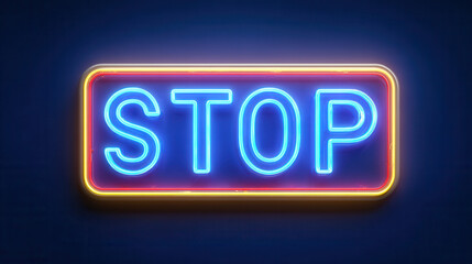 A bright neon sign displaying the word 'STOP' in blue and orange colors against a dark background. The sign is rectangular and illuminated, emphasizing its message.