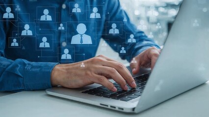 A person working on a laptop, with digital user icons overlayed, suggesting online connection and teamwork.