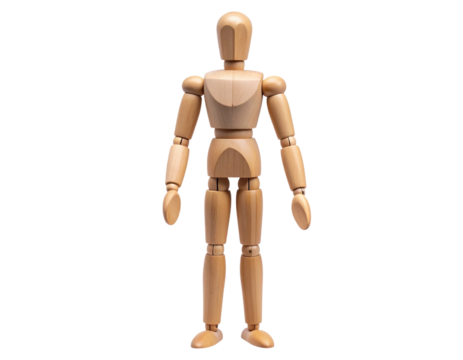 Wooden Artist’s Mannequin Figure Standing Upright, isolated on transparent background