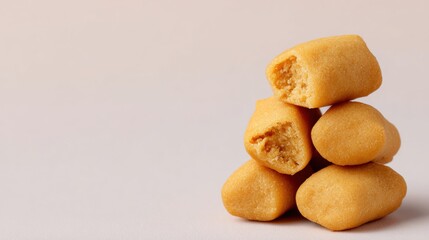 Fototapeta premium Close-up of Stacked Peanut Chews on a Light Background with Copy Space, Delicious and Sweet Confectionery, Perfect for Snack Time, High-Quality Image for Food Blogs and Marketing Materials