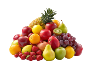 Mixed fruits, fresh fruits, a pile of fruit, including apples, oranges, lemons, pineapples, grapes, kiwi isolated on a transparent background
