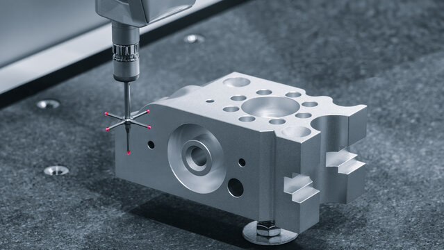 Quality control on milling metal CNC machine, coordinate measuring machine tests a metal detailt, CMM Quality control machine, technology concept blue tone