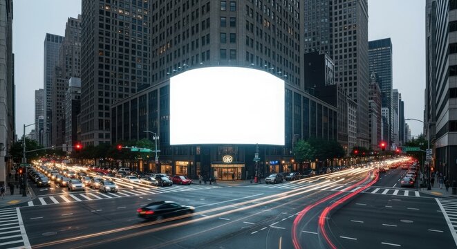 Urban scene featuring a large blank billboard in a city center, surrounded by buildings and blurred light trails from traffic.