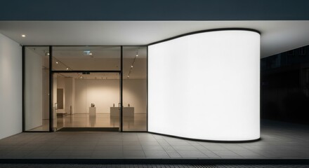 Modern art gallery facade at night, featuring a curved blank display wall.