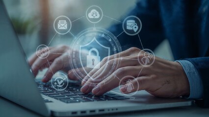 Secured Network A Businessman Typing on Laptop with Digital Security Overlay in a Blurred Background