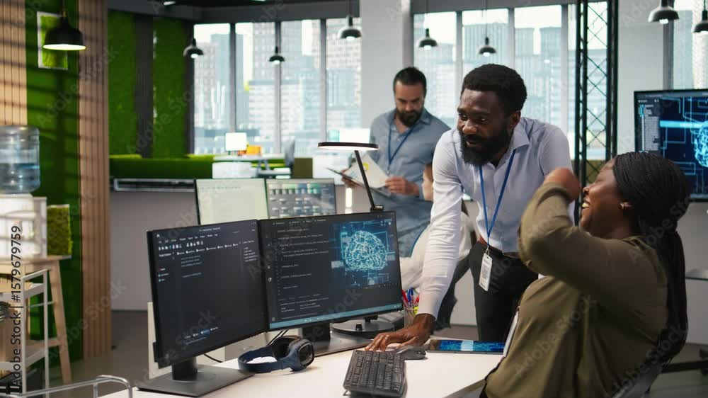 Aufkleber cheerful programmers in office enjoying conversation while automating repetitive tasks with ai. happ