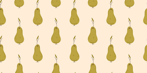 Pear seamless pattern on beige background. Simple vector illustration for background, banner, textile, print, fabric, textile. Food concept