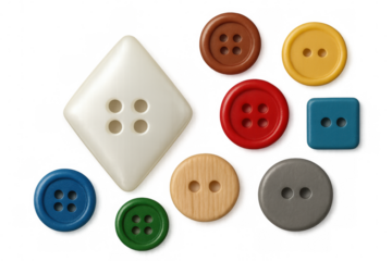 Multicolored sewing buttons varying in shape and material, scattered across transparent backdrop with artistic composition
