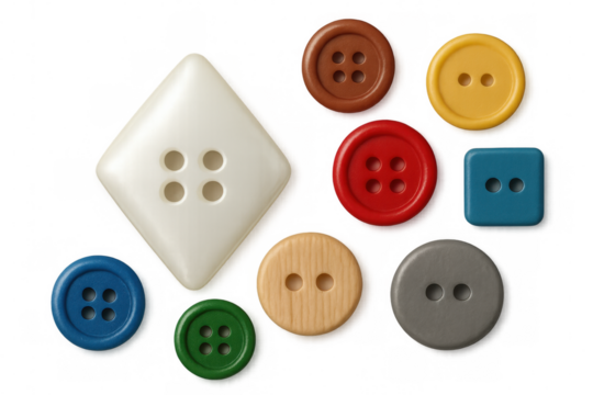 Multicolored sewing buttons varying in shape and material, scattered across transparent backdrop with artistic composition - Powered by Adobe