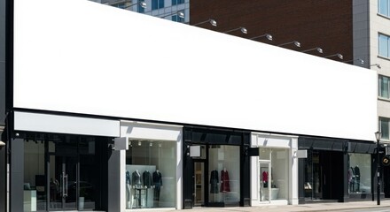Blank billboard advertisement on a city street facade with retail shops.
