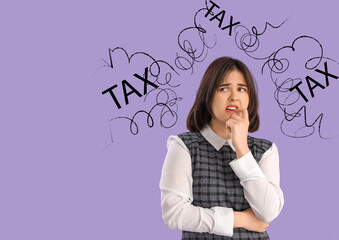 Beautiful young stressed businesswoman on purple background. Stress Awareness Month