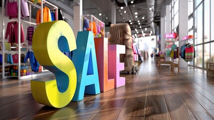 3D SALE signage placed inside store space, bold promotion for clearance, event shopping, or limited-time offer