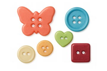 Colorful sewing buttons scattered, displaying diverse shapes and hues against transparent backdrop, highlighting crafting potential