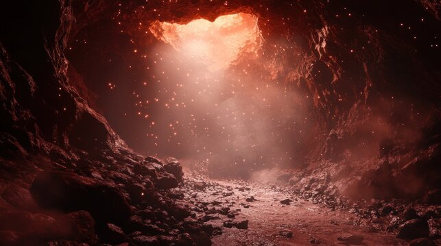A dimly lit cavern with a glowing opening