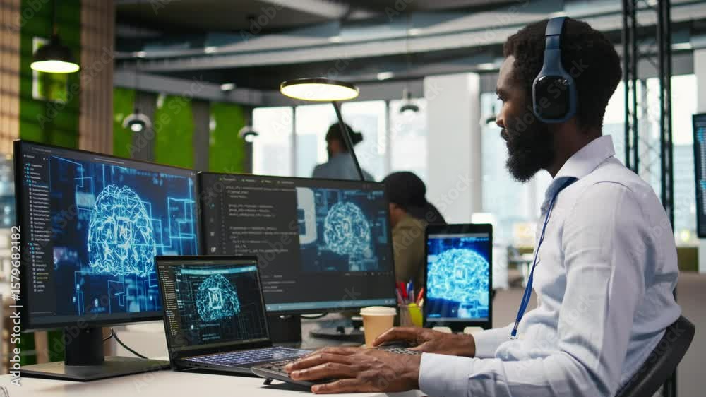 Poster computer scientist in office integrating ai machine learning systems to streamline workflows, earing