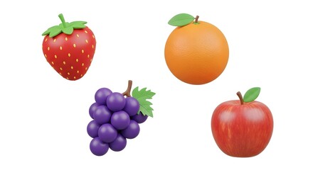 Strawberry, Orange, Grape, Apple - Vibrant Illustrations for Food Lovers in a Bright, Clean Setting
