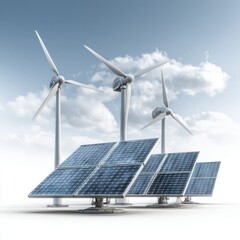 Renewable Energy Concept: Wind Turbines and Solar Panels Against a Cloudy Sky, Illustrating Sustainable Power Generation and Environmental Responsibility for a Greener Future
