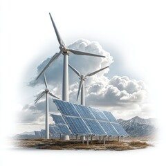 Renewable Energy Landscape: Wind Turbines and Solar Panels in a Mountainous Setting Under a Cloudy Sky, Illustrating Sustainable Power Generation and Environmental Consciousness for a Greener Future