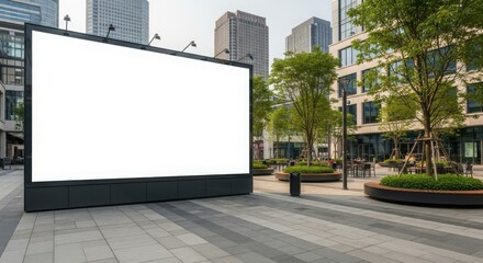 Obraz premium Large blank billboard stands in a modern urban square, awaiting advertisement content.
