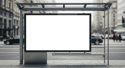 Fototapeta premium A blank billboard at a bus stop in a city street with blurred background.