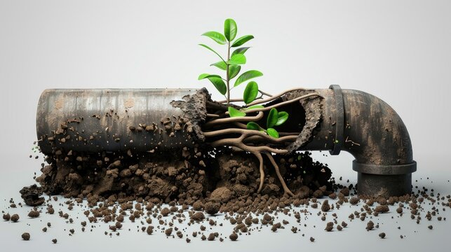 Broken sewer pipe with intrusive roots blocking flow, detailed cutout view for infrastructure and repair concepts