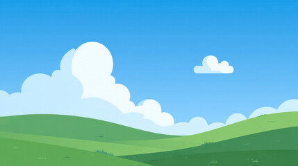 Beautiful landscape with green hills and white clouds under a clear blue sky