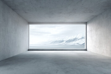 Obraz premium Empty concrete room with a large window showing snowy landscape outside
