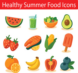 Vibrant Healthy Food Icons Set – Fruits, Vegetables, Salmon & Smoothie Graphics