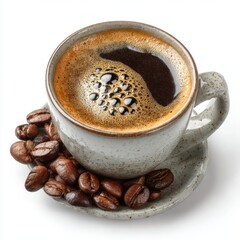 Aromatic Coffee Cup with Rich Foam and Roasted Coffee Beans on White Background, Close-up Studio Shot of Freshly Brewed Espresso in Ceramic Mug, Perfect for Morning Rituals and Coffee Break Concepts