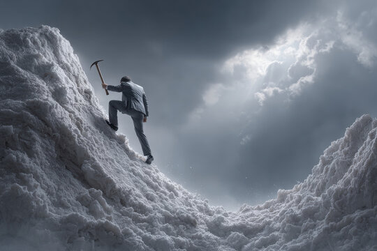 Determined man climbing snowy mountain with ice axe under dramatic sky